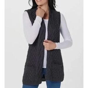 NEW Kilronan Knitwear 100% Merino Wool Open Front Cable Knit Vest Black Size XL